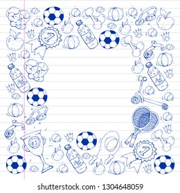 Vector pattern with sport elements. Fitness, games, exercises.
