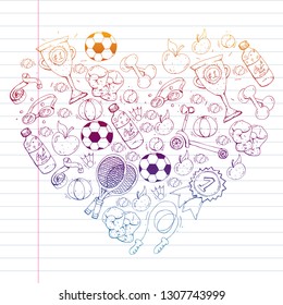 Vector pattern with sport elements. Fitness, games, exercises.
