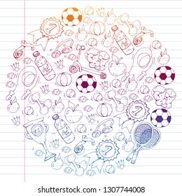 Vector pattern with sport elements. Fitness, games, exercises.