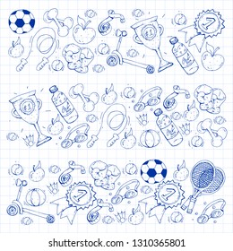 Vector pattern with sport elements. Fitness, games, exercises.