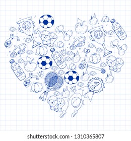 Vector pattern with sport elements. Fitness, games, exercises.
