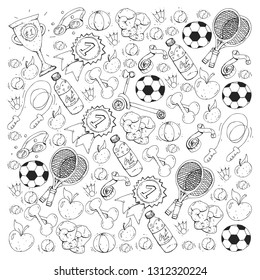 Vector pattern with sport elements. Fitness, games, exercises.