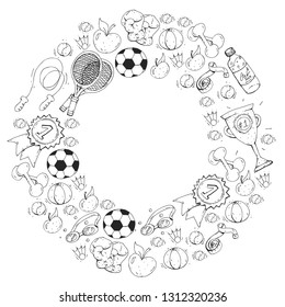 Vector pattern with sport elements. Fitness, games, exercises.