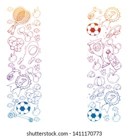 Vector pattern with sport elements. Fitness, games, exercises. Doodle icons in kids drawing style
