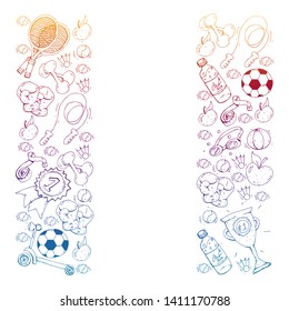 Vector pattern with sport elements. Fitness, games, exercises. Doodle icons in kids drawing style