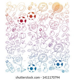 Vector pattern with sport elements. Fitness, games, exercises. Doodle icons in kids drawing style