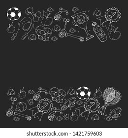 Vector pattern with sport elements. Fitness, games, exercises. Doodle icons in kids drawing style