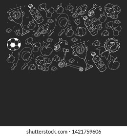 Vector pattern with sport elements. Fitness, games, exercises. Doodle icons in kids drawing style