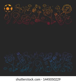 Vector pattern with sport elements. Fitness, games, exercises. Doodle icons in kids drawing style