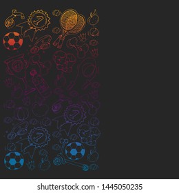 Vector pattern with sport elements. Fitness, games, exercises. Doodle icons in kids drawing style