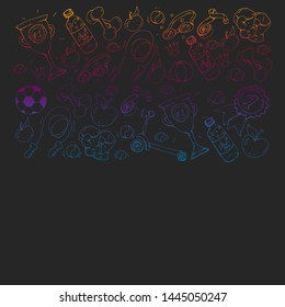 Vector pattern with sport elements. Fitness, games, exercises. Doodle icons in kids drawing style