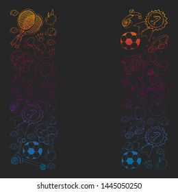 Vector pattern with sport elements. Fitness, games, exercises. Doodle icons in kids drawing style