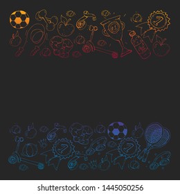 Vector pattern with sport elements. Fitness, games, exercises. Doodle icons in kids drawing style