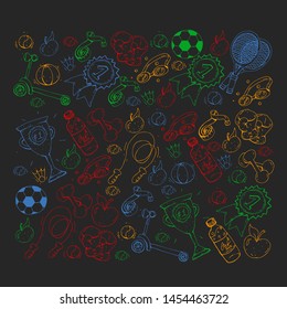 Vector pattern with sport elements. Fitness, games, exercises. Doodle icons in kids drawing style