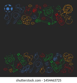 Vector pattern with sport elements. Fitness, games, exercises. Doodle icons in kids drawing style