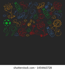 Vector pattern with sport elements. Fitness, games, exercises. Doodle icons in kids drawing style