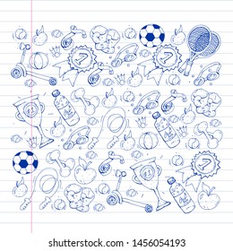 Vector pattern with sport elements. Fitness, games, exercises. Doodle icons in kids drawing style