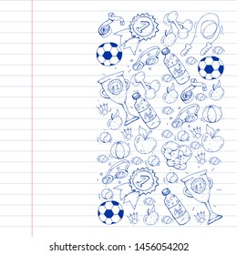 Vector pattern with sport elements. Fitness, games, exercises. Doodle icons in kids drawing style