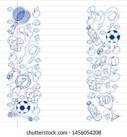 Vector pattern with sport elements. Fitness, games, exercises. Doodle icons in kids drawing style