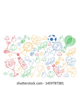 Vector pattern with sport elements. Fitness, games, exercises. Doodle icons in kids drawing style