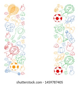 Vector pattern with sport elements. Fitness, games, exercises. Doodle icons in kids drawing style