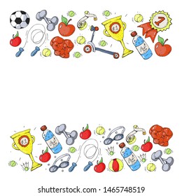 Vector pattern with sport elements. Fitness, games, exercises. Doodle icons in kids drawing style