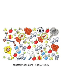 Vector pattern with sport elements. Fitness, games, exercises. Doodle icons in kids drawing style