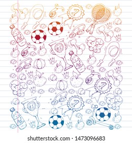 Vector pattern with sport elements. Fitness, games, exercises. Doodle icons in kids drawing style