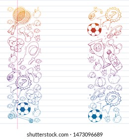 Vector pattern with sport elements. Fitness, games, exercises. Doodle icons in kids drawing style