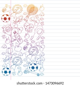 Vector pattern with sport elements. Fitness, games, exercises. Doodle icons in kids drawing style