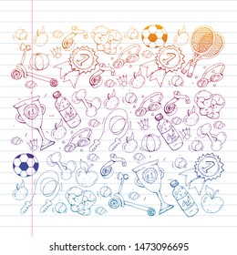 Vector pattern with sport elements. Fitness, games, exercises. Doodle icons in kids drawing style