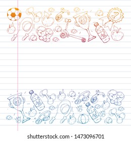 Vector pattern with sport elements. Fitness, games, exercises. Doodle icons in kids drawing style