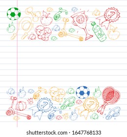 Vector pattern with sport elements. Fitness, games, exercises. Doodle icons in kids drawing style