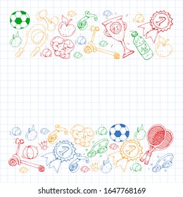 Vector pattern with sport elements. Fitness, games, exercises. Doodle icons in kids drawing style