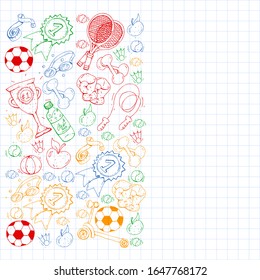 Vector pattern with sport elements. Fitness, games, exercises. Doodle icons in kids drawing style