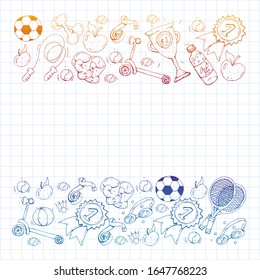 Vector pattern with sport elements. Fitness, games, exercises. Doodle icons in kids drawing style