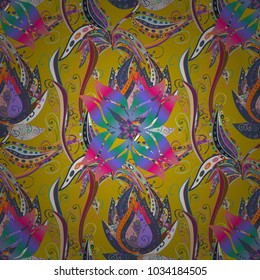 Vector pattern. Pattern with spring flowers with branch, on yellow, blue and pink colors with flower silhouette.