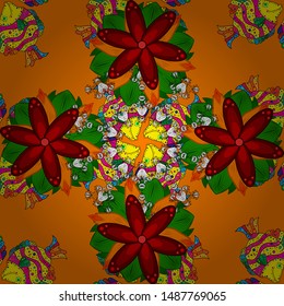 Vector pattern. Pattern with spring flowers with branch, on orange, red and green colors with flower silhouette.