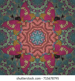 Vector pattern. Pattern with spring flowers with branch, on pink, neutral and blue background with flower silhouette.