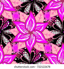 Vector pattern. Pattern with spring flowers with branch, on magenta, black and pink colors with flower silhouette.