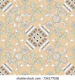 Vector pattern. Pattern with spring flowers with branch, on beige, neutral and gray colors with flower silhouette.