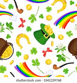 Vector Pattern St. Patrick's Day with traditional holiday symbols: cauldron with gold coins, green shamrocks and horseshoe, rainbow and leprechaun hat on white background.