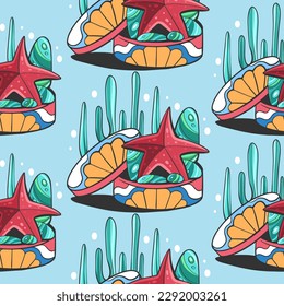 Vector pattern of starfish in cartoon comic style.