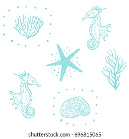 Vector Pattern With Starfish, Seashells And Sea Horse. Decorative Sea Vector. Hand Drawing Doodle Marine Background For Fabric Design.