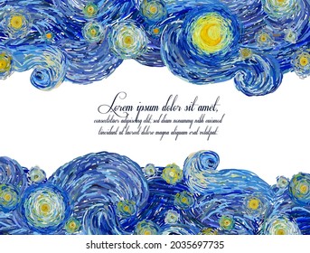 Vector pattern of starry night sky with glowing yellow moon and with blank central space in impressionist painting style suitable for anniversary cards or banners.
