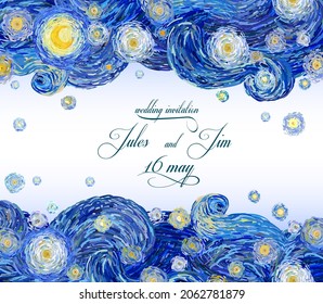 Vector pattern of starry night sky with glowing yellow moon and with blank central space in impressionist painting style suitable for anniversary cards or banners.