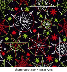 Vector pattern with stars of magicians and astrological symbols on black background. Seamless pattern can be used for wallpaper, pattern fills, web page background, surface textures.