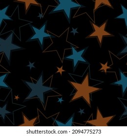 Vector pattern: stars of random colors and sizes. Geometric shapes ornament. Repeating texture. Backdrop. Wallpaper.