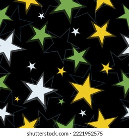 Vector pattern: stars of random colors and sizes. stars seamless pattern full color on black background vector eps10 editable.