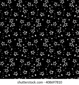 Vector pattern with stars. Star background. Seamless star texture. Print with stars. Drawn stars. Black and white star drawing.  Vector background. Cute pattern. Fun print. Black and white pattern